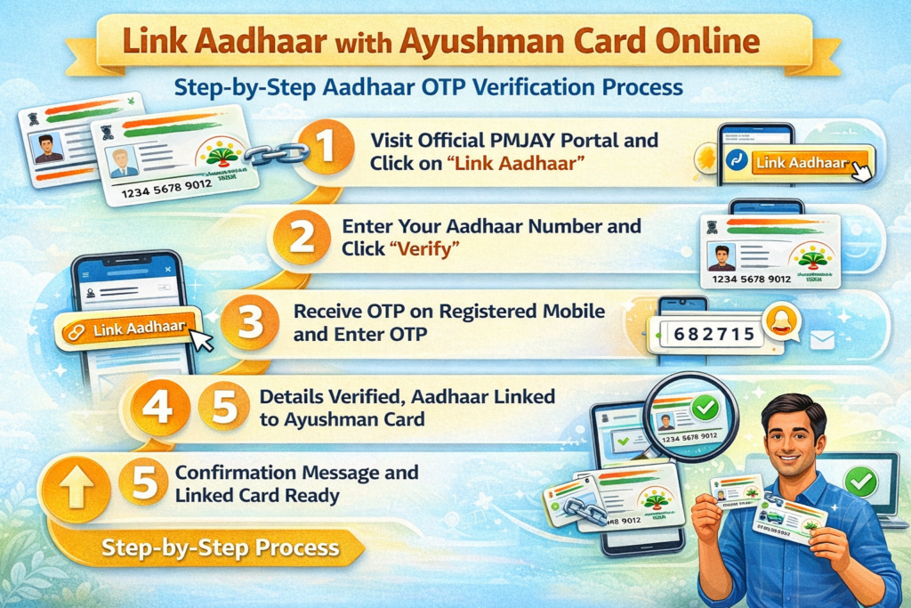Indian family using mobile to link Aadhaar with Ayushman card | ALT TEXT: how to link Aadhaar with Ayushman card online 2026